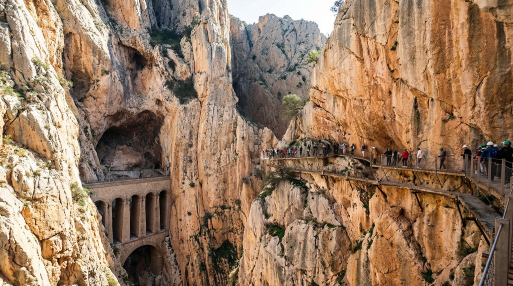 hikers on the walkway of Caminito del Rey in Malaga, Spain