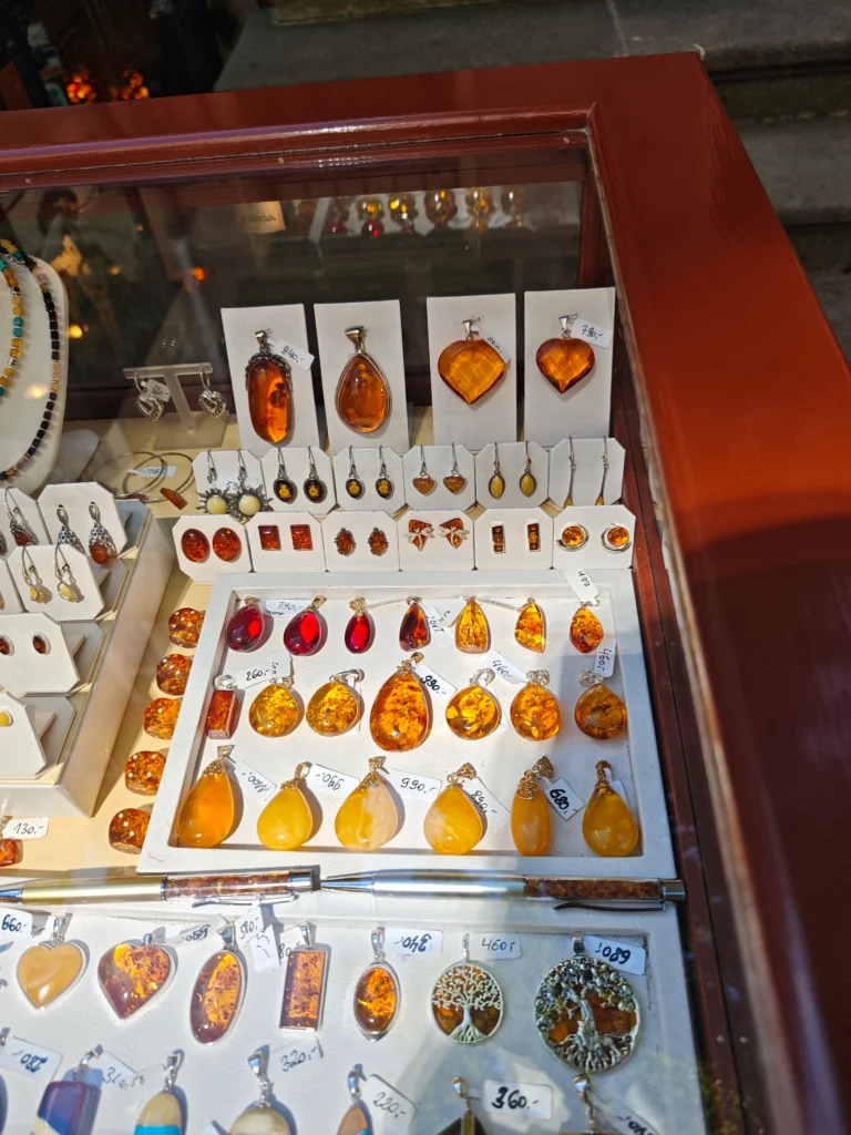Amber jewelery on display at Mariacka street in gdansk poland