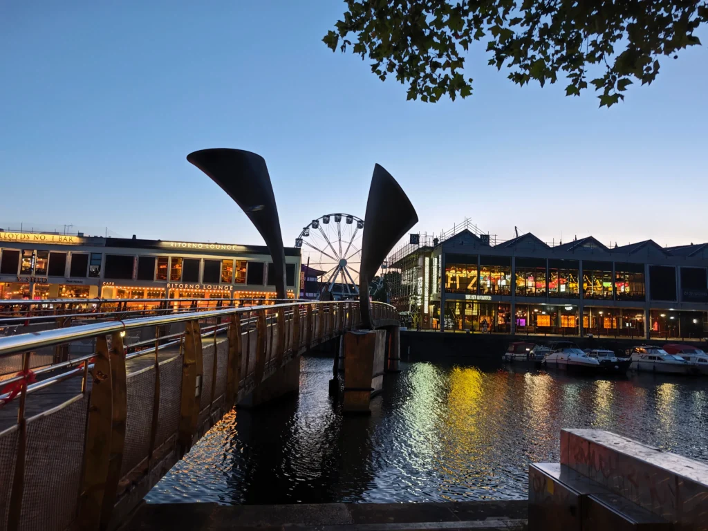 Bristol's river side lit up at night with activities