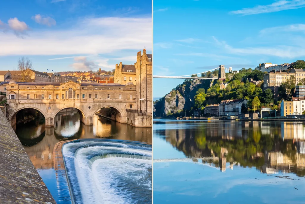 side by side comparison picture of bath with its signature putney bridge and river weir and bristol with colorful rows of houses in front of the clifton suspension bridge