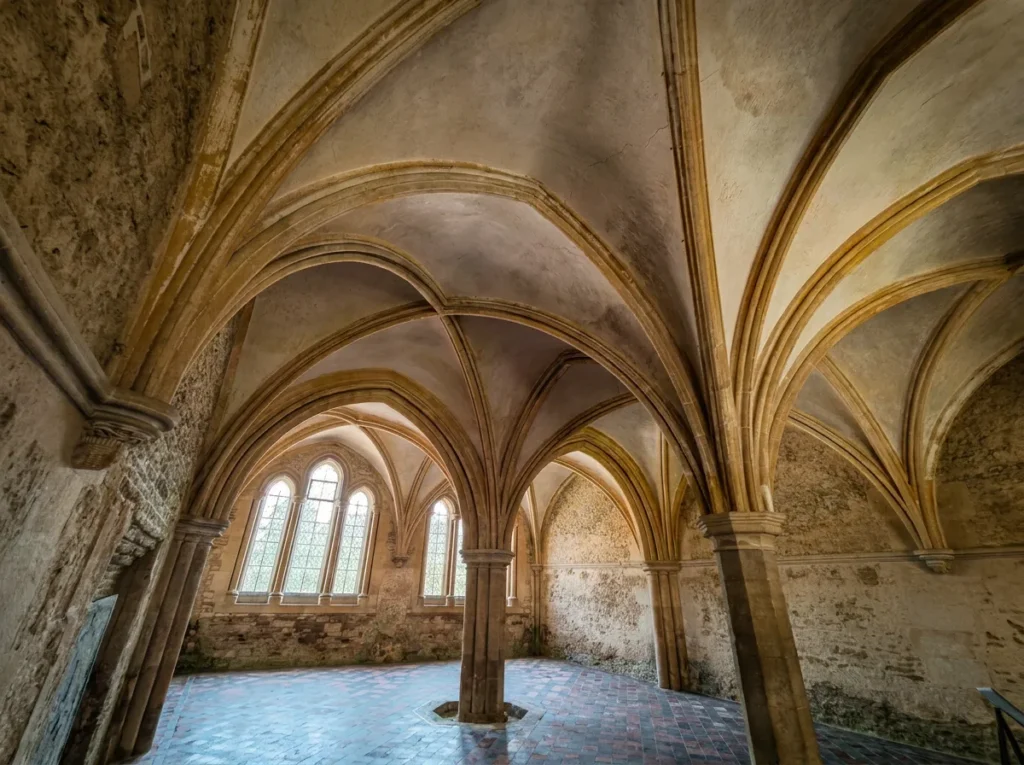 The Chapter House with its stunning vaulted stone ceilings and distinct tiled floor