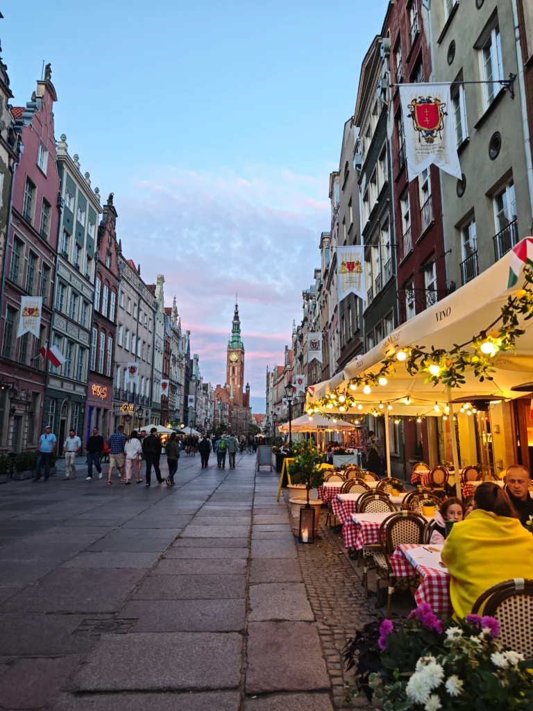 beautiful sunset in the main city street of gdansk poland