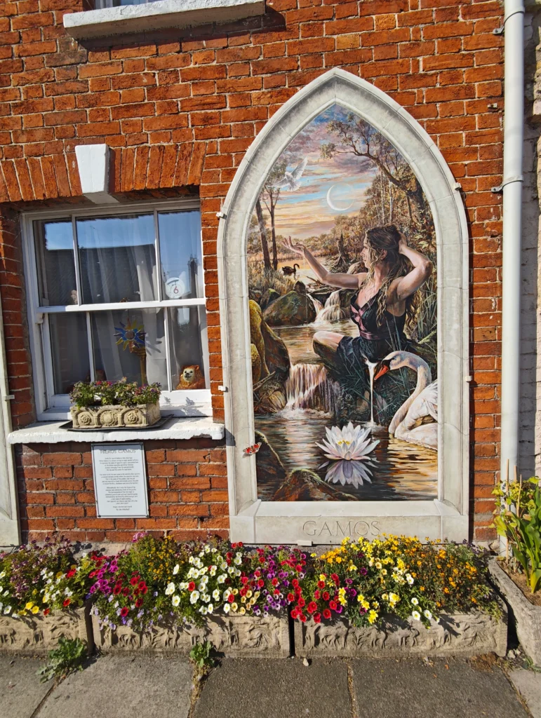 the artisitic and spiritual themed mural of glastonbury, a spiritual town in Somerset UK