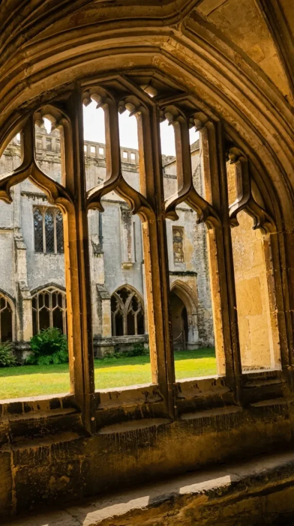 close up of the stunning window of Lacock Abbey's medieval cloisters, one of the most atmospheric Harry Potter filming locations in Wiltshire — where Hogwarts corridors came to life on screen.