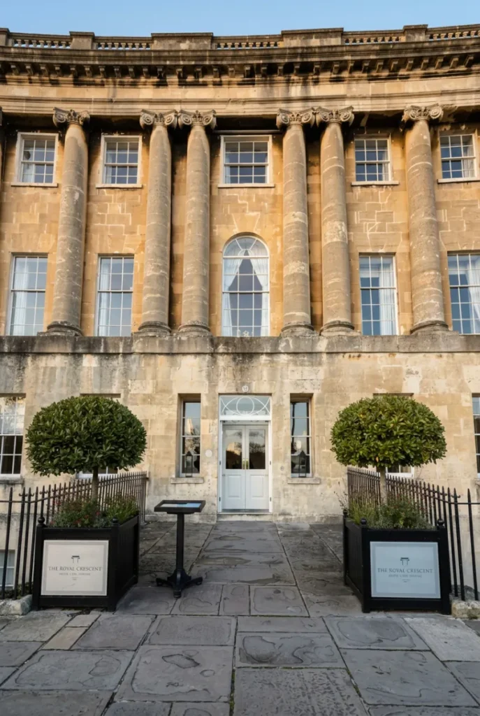 the elegant but understated entrace of the royal crescent hotel and spa in bath, UK