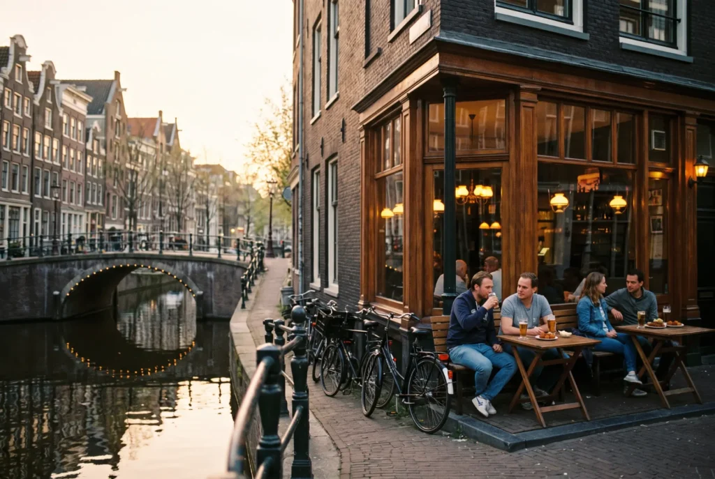people drinking and eating in front of a traditional brown cafe in amsterdam