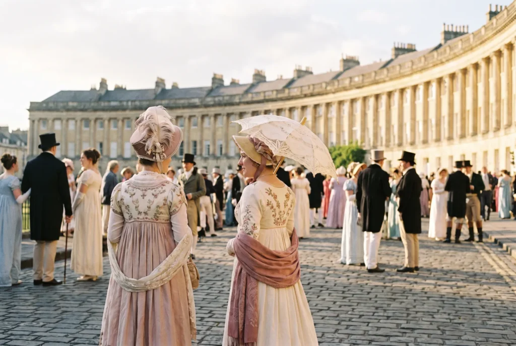 participants dressed in regency attire walking the promenade at the famous jane austen festival in bath