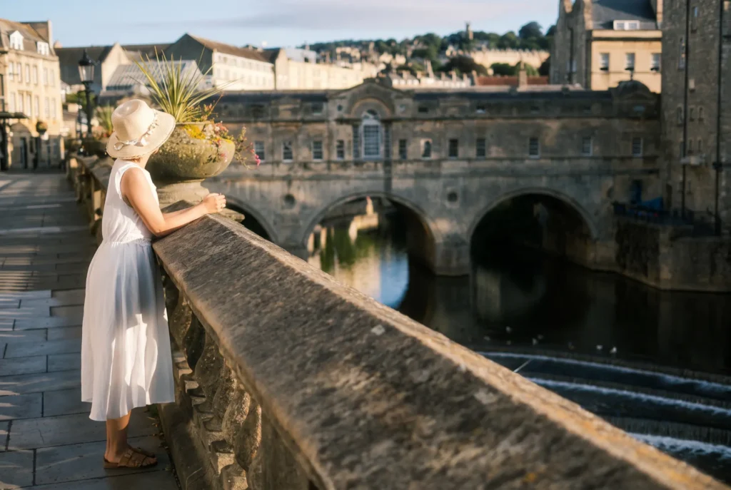 slow travel blog author Sophie Chen standing in front of the iconic Pulteney bridge in bath overlooking the river weir