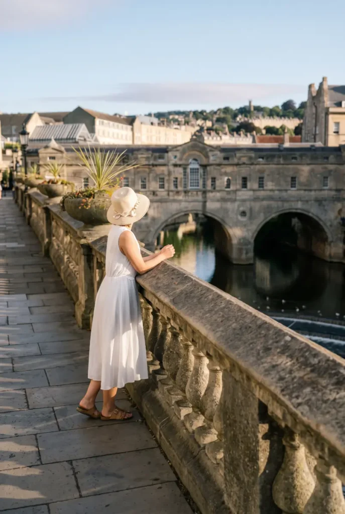 slow travel blog author Sophie Chen posing in front of the iconic pulteney bridge overlooking the river weir in bath, UK