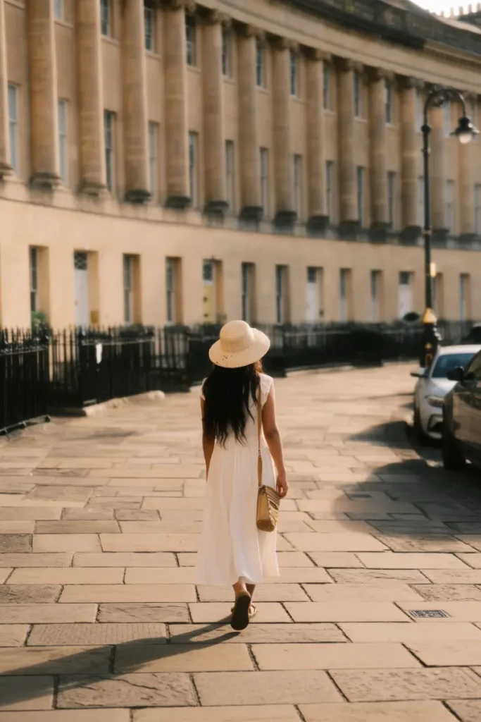 slow travel blog author Sophie Chen walking along the stunning georgian houses in the royal crescent row of Bath, UK